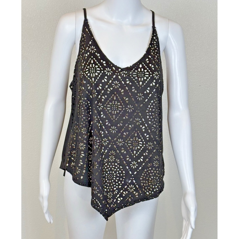 Black Eyelet Cutout Cami Tank Top Womens Size M Asymmetrical Hem Festival Indie